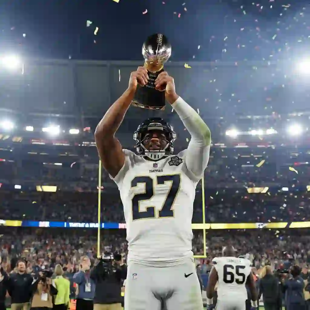 A football player in full gear proudly holding the MVP trophy under bright stadium lights, with confetti falling and a cheering crowd in the background, celebrating the NFL MVP 2025 award.